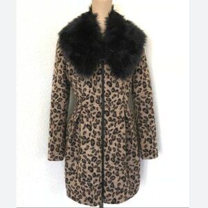 VENUS Fitted Leopard Animal Print Coat with Detachable Faux Fur Collar